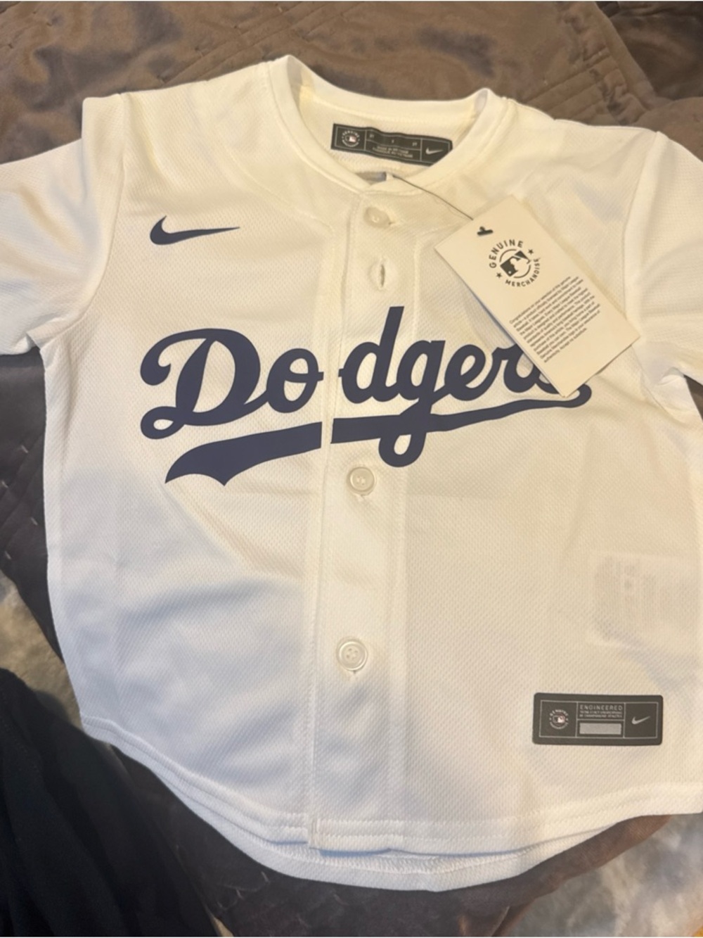 Nike White Dodgers Youth Button-Front Baseball Jersey with Blue Script